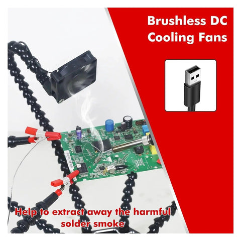 Pro Soldering Helping Hands Third Arm Tool with PCB and smoke exhaust fan in use, flexible gooseneck arms holding circuit board