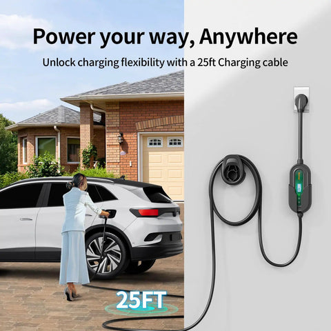 Hella Smooth Level 2 Ev Charger With 32 Amp Charge And Built In Wifi Keeps Your Electric Ride Fully Topped Off Overnight Portable J1772 Head Plugs Directly Into A Nema 14 50 Socket While A Tough 25 Foot Cord Delivers Zero Hassle Power Ups Anytime with 25ft cable charging EV.
