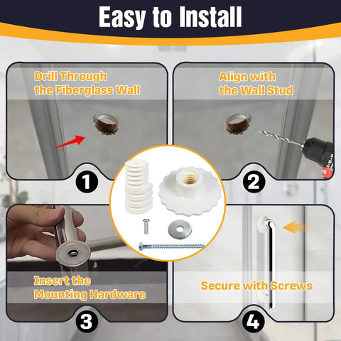 Universal Grab Bar Mounting Kit For Fiberglass Showers With Adjustable Spacers compatible installation steps on wall.