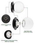 Exploded view of Matte Black Modern Globe Wall Sconce 1 Light With Opal Glass Shade, showing screws, fittings, and socket base.
