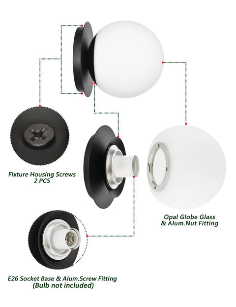 Exploded view of Matte Black Modern Globe Wall Sconce 1 Light With Opal Glass Shade, showing screws, fittings, and socket base.