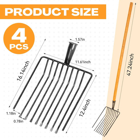 4 Pack 10 Tine Pitch Fork With Long Wooden Handle Heavy Duty Muck Rake Broadfork Garden Tool For Manure Cleanup product size