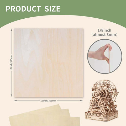 Basswood plywood sheet, 12x12 inches, 1/8 inch (3mm) thick for laser cutting and crafts