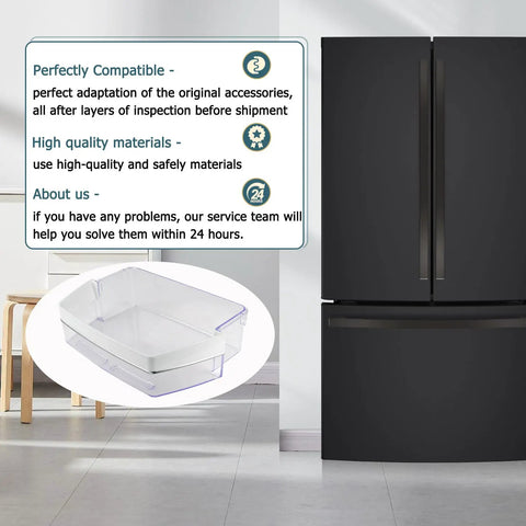 Room setting with Right Door Fridge Door Bin Replacement Shelf 14 Inches By 9.2 Inches By 4 Inches next to refrigerator