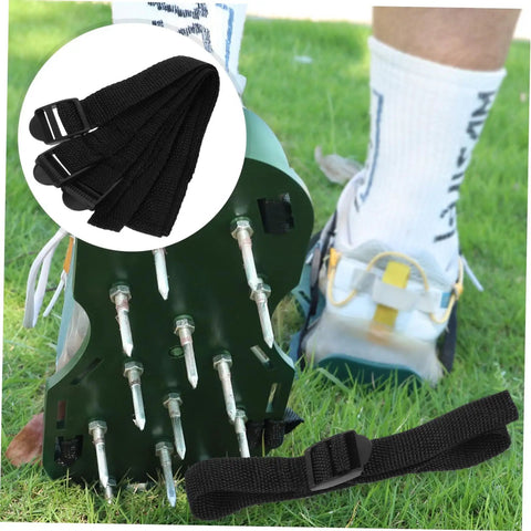 8 Pack Garden Aerator Shoes Straps Durable Lawn Aerating Sandals with spikes and adjustable straps on foot, grass background