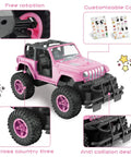 Pink DIY Sticker RC Jeep for Girls with 2.4GHz remote, customizable with sticker kit, showcasing pink off-road tires and anti-collision design