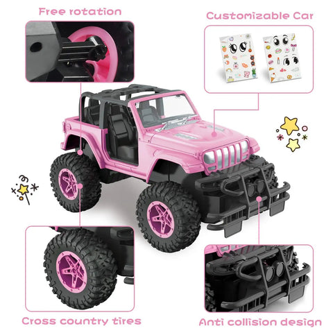 Pink DIY Sticker RC Jeep for Girls with 2.4GHz remote, customizable with sticker kit, showcasing pink off-road tires and anti-collision design