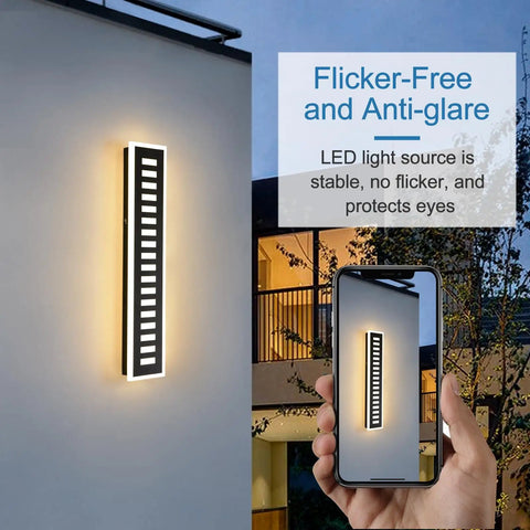 Outdoor Wall Light LED 18W Long Black Metal Waterproof Slick Modern Exterior Lighting Fixture With 3 Color Changeable Temperatures