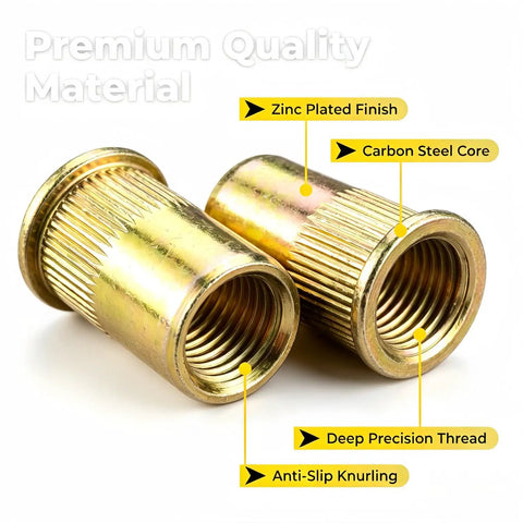 Complete 440-Pc Metric Rivet Nut Tool Kit With Heavy Duty Hand Gun For Auto Repair, Sheet Metal Work, Furniture Assembly And Diy Projects Featuring Interchangeable M3 M4 M5 M6 M8 Mandrels. Zinc plated carbon steel rivet nuts with deep threads and knurling.