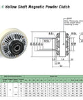 Technical diagram and dimensions of FL-K Hollow Shaft Magnetic Powder Clutch with specifications table.