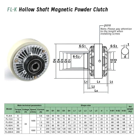Technical diagram and dimensions of FL-K Hollow Shaft Magnetic Powder Clutch with specifications table.