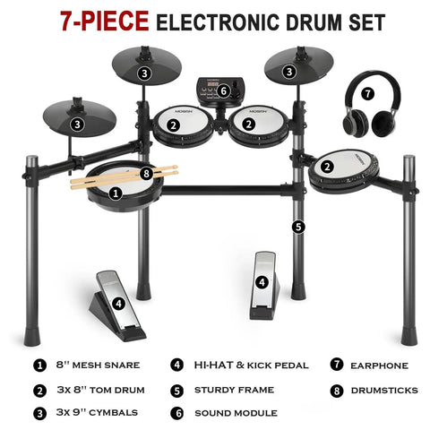 Electric Drum Set With Quiet Mesh Pads Cymbals Sticks Headphones USB MIDI Kick Pedal Over 195 Dope Sounds And 25 Drum Kits