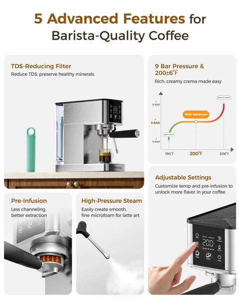 Semi Automatic Espresso Machine With 20 Bar Pressure And Built In Activated Carbon Water Filter Cutting Chlorine For A Crystal Clear Flavor Kick Daily Morning Fuel Compact Countertop Setup with user adjusting settings and coffee brewing.