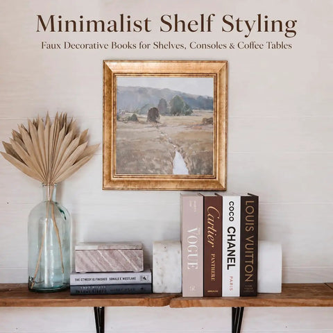 Luxe Large Faux Decorative Books Set 4 Pieces Cardboard Foldable Props for Photography and Home Staging on shelf next to vase and painting.