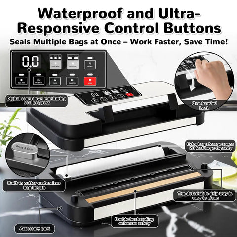 11 In 1 Smart Food Vacuum Sealer with 95 KPa Power showing digital display, built-in cutter, and bag storage feature