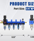 All In One Heavy Duty 1/4 Inch NPT Five Stage Air Filter Regulator Lubricator Combo shown with dimensions in blue