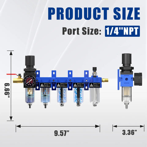 All In One Heavy Duty 1/4 Inch NPT Five Stage Air Filter Regulator Lubricator Combo shown with dimensions in blue