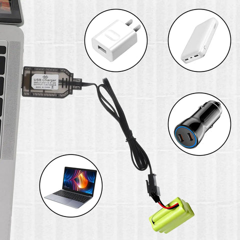 7.4 Volt LiPo Battery Charger Cable With SM3PIN Plug for RC cars tanks boats showing USB power options and green battery pack