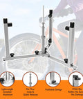 360 Degree Wheel Truing Stand for Bike Repair and Spoke Lacing displayed in use against a snowy bike backdrop
