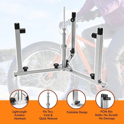 360 Degree Wheel Truing Stand for Bike Repair and Spoke Lacing displayed in use against a snowy bike backdrop