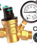 Heavy Duty Lead Free Brass RV Water Pressure Regulator With Oil Filled Gauge, Adjustable Valve For Camper, Includes Screwdriver, Roll Of Teflon Tape, And Two Extra Rubber Washers.
