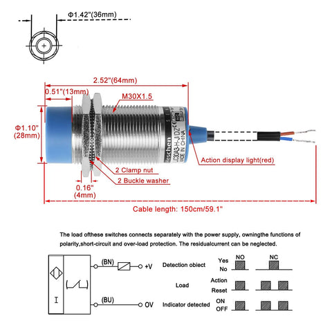 M30 Capacitive Proximity Sensor Switch Non Shield Type LJC30A3 H J DZ With About 20mm Detect Range No Fuss Setup And Settable 0 To 18mm 90 To 250 VAC 400 mA Normally Closed NC Two Wires Blue Housing, side view with wiring diagram