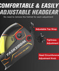 Auto Darkening Welding Helmet With Large Viewing Area And True Color Lens, adjustable headgear, side view, black and yellow