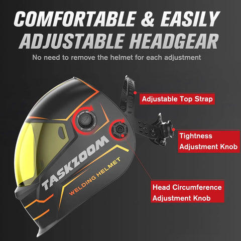 Auto Darkening Welding Helmet With Large Viewing Area And True Color Lens, adjustable headgear, side view, black and yellow