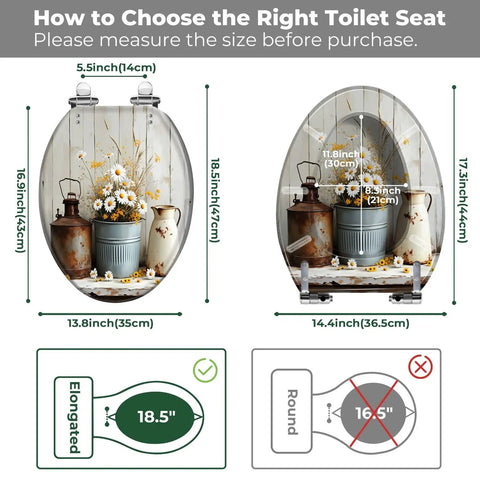 Elongated Toilet Seat QuietClose for Farmhouse Bathroom measuring guide with dimensions on illustrated design.