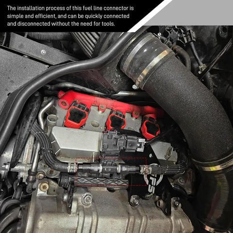 Solid 2 Pack Nylon Fuel Line Quick Connector installed on engine, showcasing straight push-on fitting and snap-on coupler.