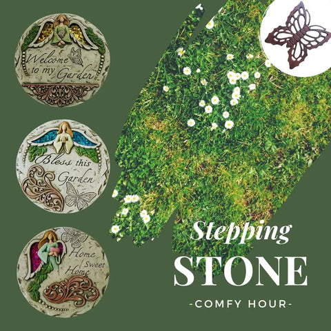 Collage of three garden stepping stones with welcome messages, featuring angel designs on a green grass background.