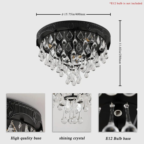 Lux Black Crystal Chandelier Light Fixture, Modern Ceiling Pendant with clear faceted crystals, 15.75 inch wide