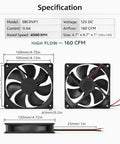 Front and side view of 12V DC RV Axial Ventilation Fan 4.7x4.7x1 In 120x120x25 Mm High Flow 160 CFM for RV Refrigerator Cabinet.