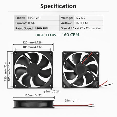 Front and side view of 12V DC RV Axial Ventilation Fan 4.7x4.7x1 In 120x120x25 Mm High Flow 160 CFM for RV Refrigerator Cabinet.