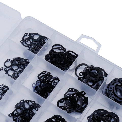 Pro Grade E Clip And C Clip Assortment Kit With 324 Pieces Of 304 Stainless Steel External Retaining Rings in plastic organizer.