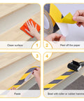 Installation steps of Non Slip Tape Heavy Duty Outdoor Waterproof Safety Tape for Stairs in yellow and black 2 inch wide.