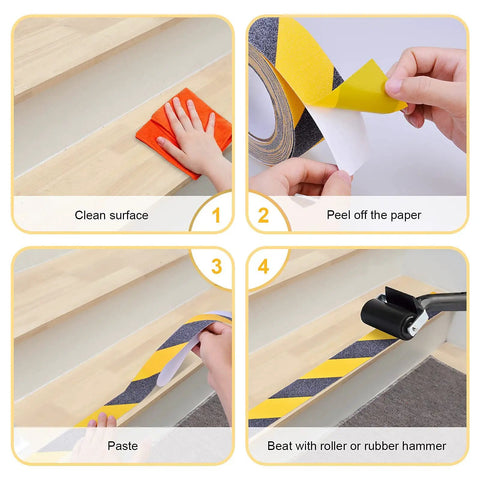 Installation steps of Non Slip Tape Heavy Duty Outdoor Waterproof Safety Tape for Stairs in yellow and black 2 inch wide.