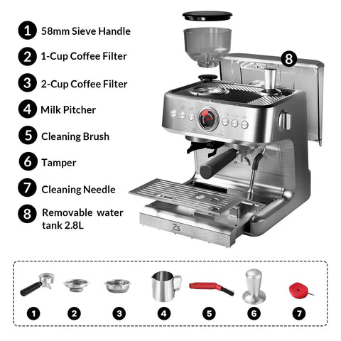 Real Day One Barista Gear Top Shelf Espresso Machine With Built In Grinder And Milk Frother, showing parts like filters and milk pitcher.