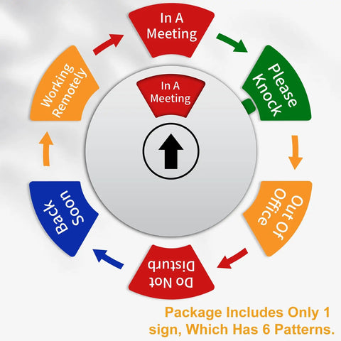 Diagram showing the Rotating Privacy Door Sign For Office With Do Not Disturb Out Of Office Please Knock In A Meeting Working Remotely Back Soon Six Modes Easily Switched 6 Inch Silver