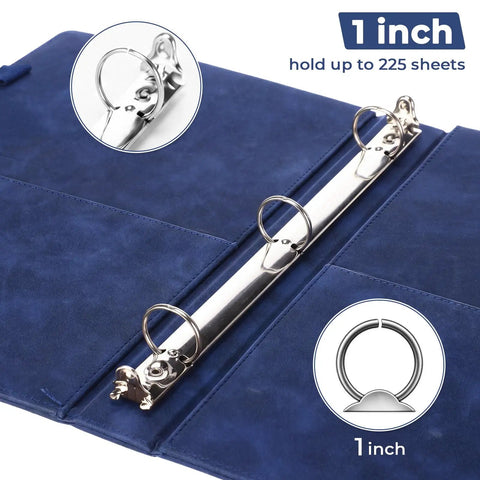 Open Six Pack 3 Ring Binder Clipboard Set With 1 Inch Linen Binders, 13.2 by 10.2 Inches, showing metal rings and blue cover.