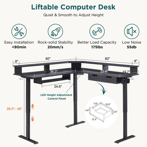 Diagram of 60 Inch L Shaped Electric Standing Desk With Height Memory, Boss Level Corner Gaming Desk With Drawers, LED Panel