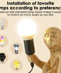 Resin Sitting Monkey Table Lamp With LED Light, Cute Animal Desk Lamp for various bulb types shown in gold finish.