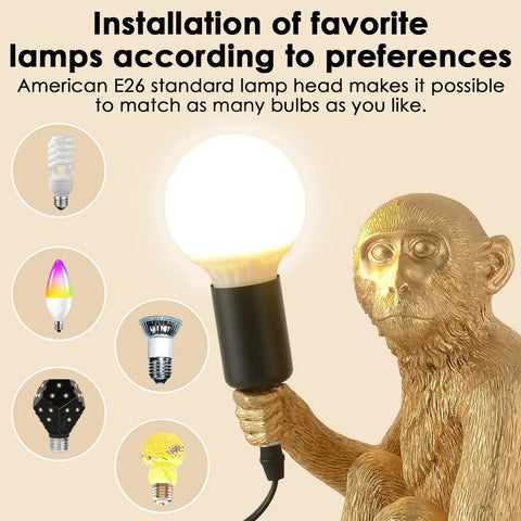 Resin Sitting Monkey Table Lamp With LED Light, Cute Animal Desk Lamp for various bulb types shown in gold finish.
