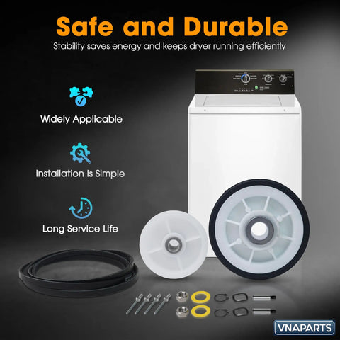 Neptune 3000 Series Dryer Repair Kit All In One Replacement Set with drum rollers, bearings, idler pulley, belt; shown with dryer.