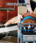 Two 6-inch stainless steel dough scrapers with black handles; 2-piece bench scraper set, shown under running water.