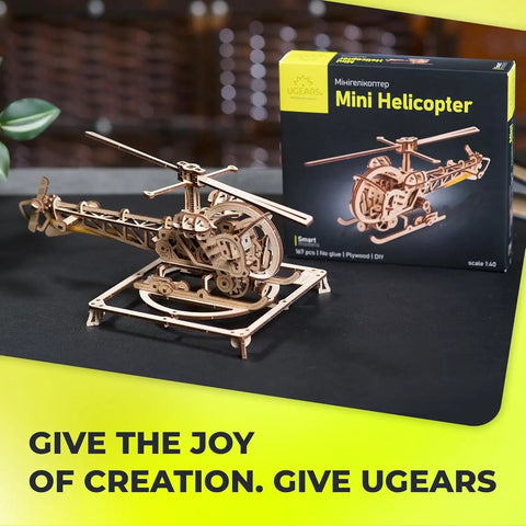 Mini Helicopter 3D Puzzle Kit For Hobbyists And Aviation Fans With Realistic Rotors And Cockpit, Adjustable Searchlight, Retractable Wheels, Landing Skids And Helipad, DIY Hands On Mechanical Aviation Toy, wooden assembled model