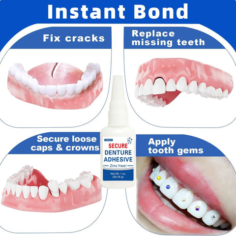 Instant Bonding Denture Glue For At Home Fixes, Ultra Strong Adhesive That Secures Loose Or Broken Teeth, clear bottle, 1 oz