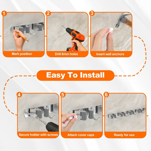 Installation guide for Heavy Duty Wall Mount Broom Holder And Mop Organizer Rack With Five Racks And Four Hooks Rustproof Stainless Steel