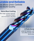 Close-up of Beefy 5-Piece Carbide End Mill Set For CNC Router Bits showing nano blue coating and 4 flute design.