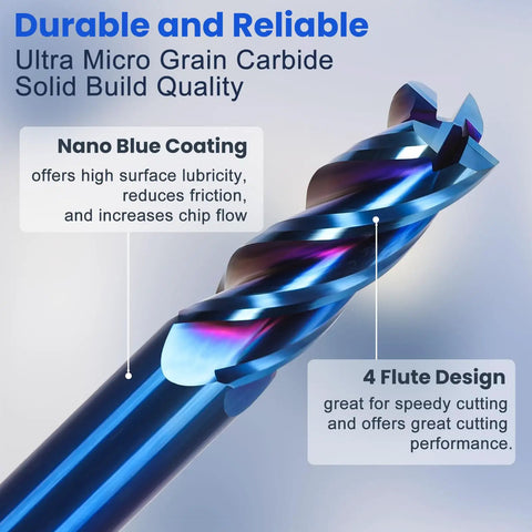 Close-up of Beefy 5-Piece Carbide End Mill Set For CNC Router Bits showing nano blue coating and 4 flute design.